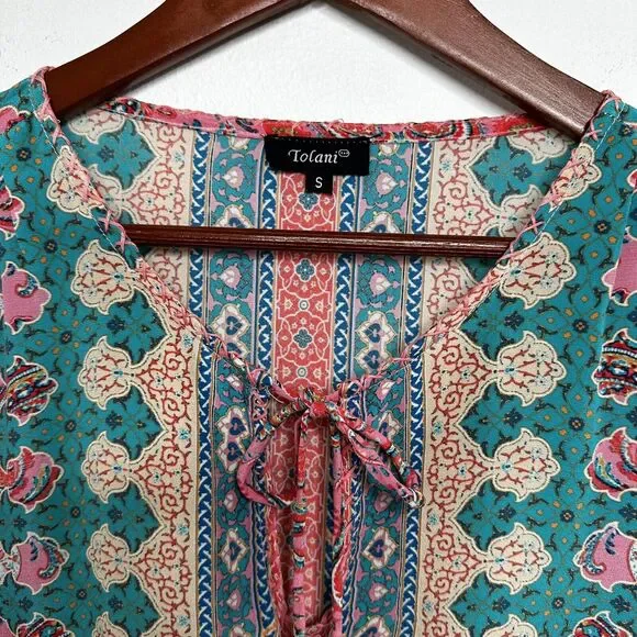 Anthropologie Tolani Silk Pink Geometric Tunic Dress Blouse Size Small Coastal - Picture 15 of 16